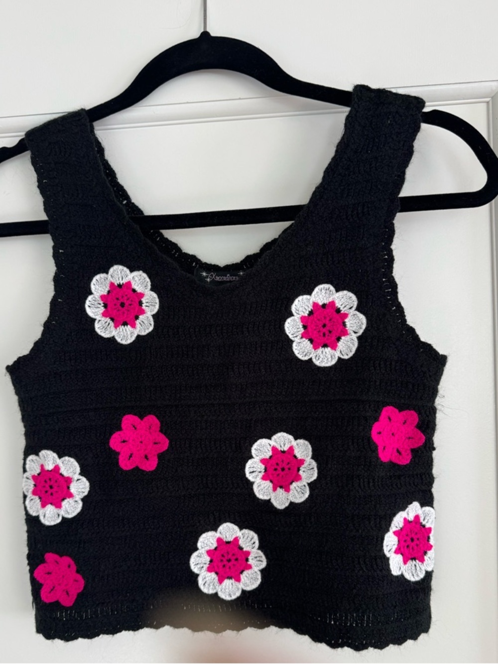 Xtraordinary Black Crochet Crop Top - Hot Pink & White Flowers - Boho